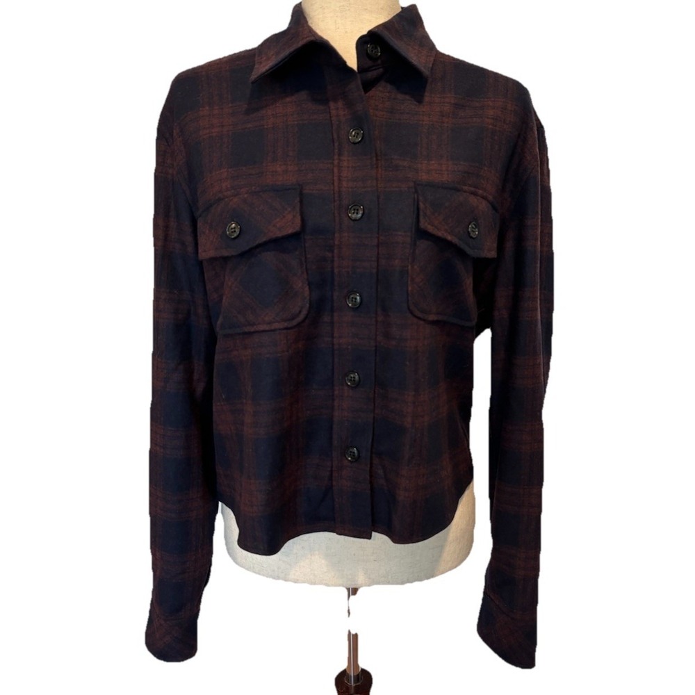 Kal Rieman Wool Plaid‎ Blue Burgundy Long Sleeve Button Down Shirt Women's L